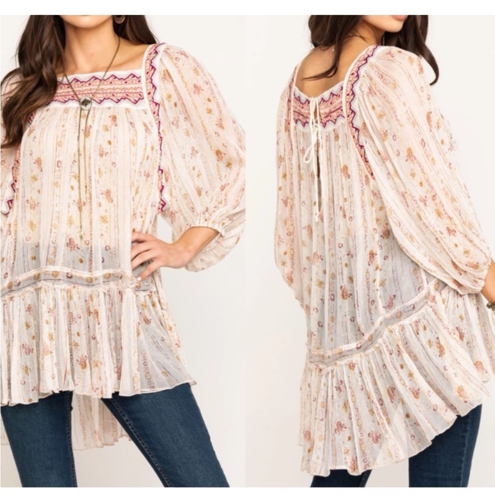 Free People Floral Boho Tunic in Cream and Pink